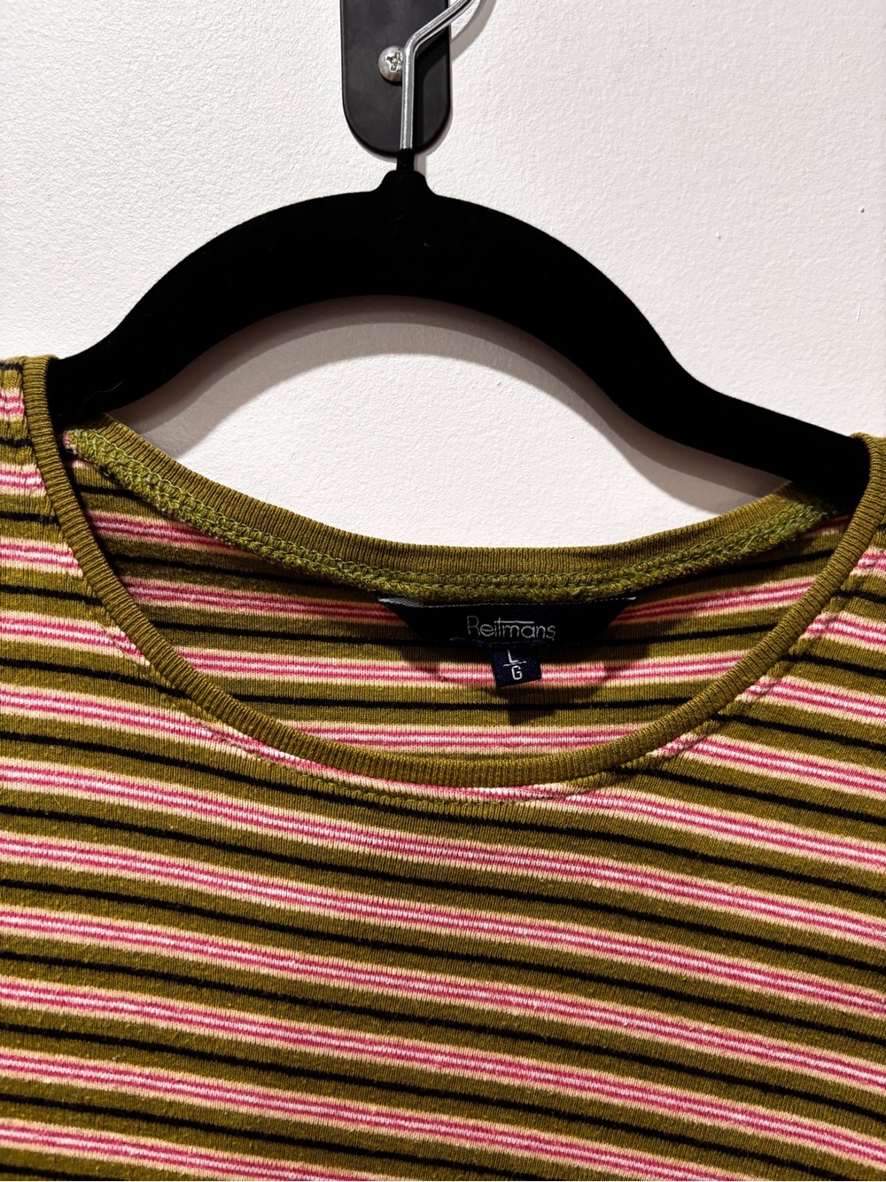 Reitmans Olive Green, Pink & Cream Striped Crew Neck Tee